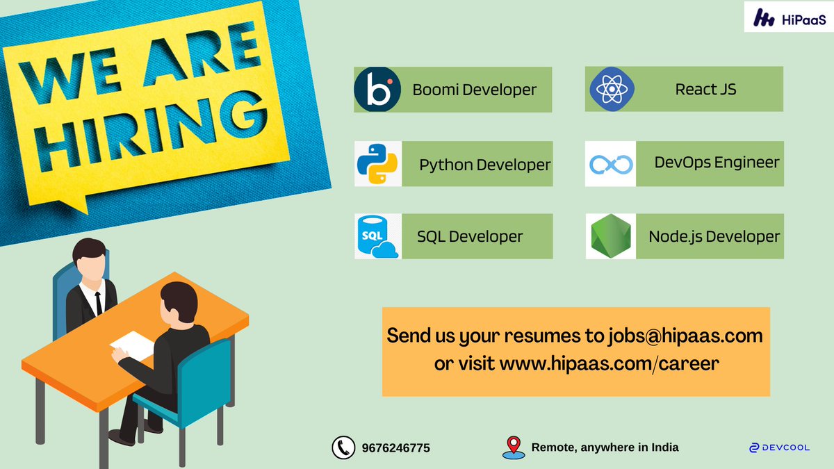 DEVCOOLINC's tweet photo. We're Hiring for Multiple Positions:-
Boomi Developer
React Native
Python Developer
DevOps Engineer
SQL Developer
Node.js Developer
Location: Anywhere from India
Please share your CV at jobs@hipaas.com or visit https://t.co/gmT0V40S5k
#healthcarejobs #hipaas #developersjob https://t.co/qhdJFU8OWo
