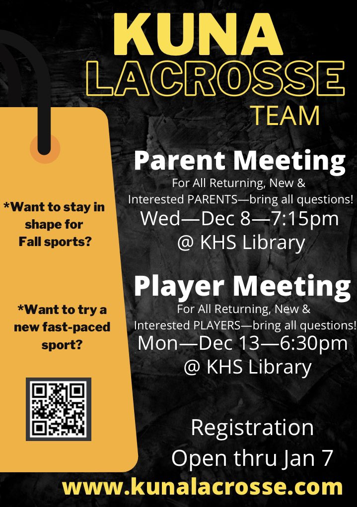 KunaLacrosse's tweet photo. If you’re a returning player or interested in playing lacrosse this spring, come to these meetings!! Spread the word! #GoKavemen https://t.co/afF7Jb31DV