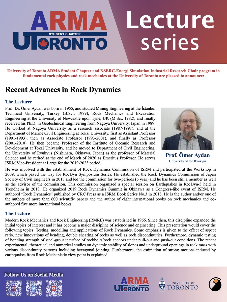 Here is the details for our upcoming ARMA UToronto online lecture by Emeritus Prof. Dr. Ömer Aydan. Date: Dec 2nd, 7pm EST. Register here to attend the talk (Limited space available):
eventbrite.ca/preview?eid=21…