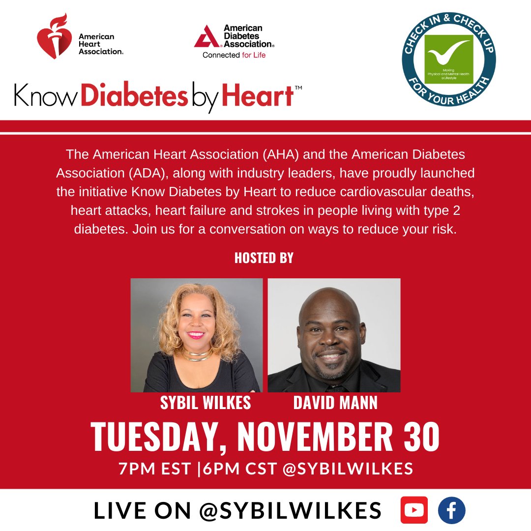 SybilWilkes's tweet photo. We're LIVE for a conversation with actor David Mann about ways to reduce your risk of diabetes. Meet us on my Facebook or YouTube page (@sybilwilkes). #CheckInCheckUp #KnowDiabetesByHeart #diabetes #diabetesawarenessmonth https://t.co/n5KUi4W9Gy