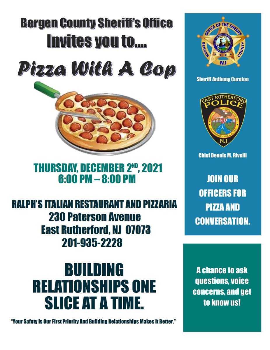 ERutherfordPD's tweet photo. "Pizza with a Cop" stop by and meet some of your officers. Thursday 12/2 from 6 PM to 8 PM https://t.co/6iSmOP3WAT