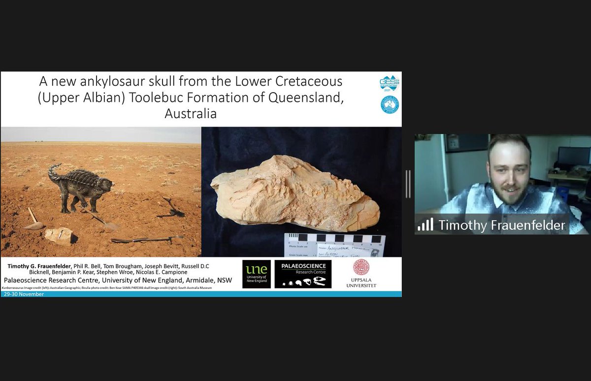 GeoSocAustralia's tweet photo. Exciting research presented by Timothy Frauenfelder (@UniNewEngland) for our #VirtualGESSS Lightning Talks on a new Ankylosaur skull from the lower Cretaceous (Upper Albian) Toolebuc Formation of Queensland, Australia. Looking forward to hearing more about this! https://t.co/JjOhoyJtSJ