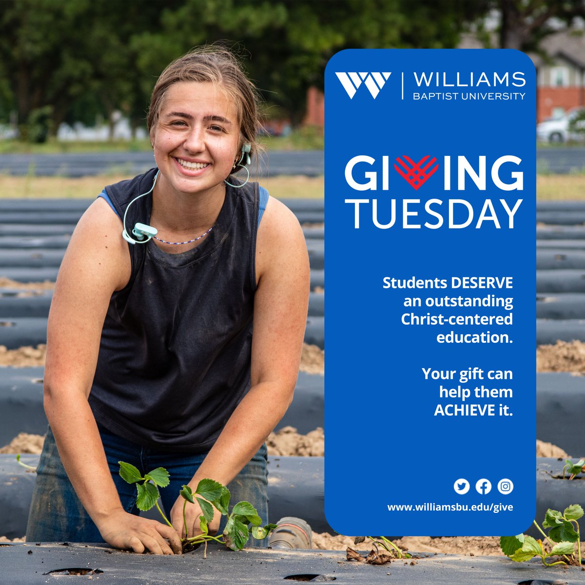 williamsbaptist's tweet photo. WBU participates in #GivingTuesday because many of our students depend on your support to help meet their dreams of achieving an academically excellent, Christ-centered education a reality. To give text "WBU" to 24365 or visit https://t.co/lA4DAWXUML #WBUEagles #TheWilliamsWay https://t.co/IVP5yO9kzf
