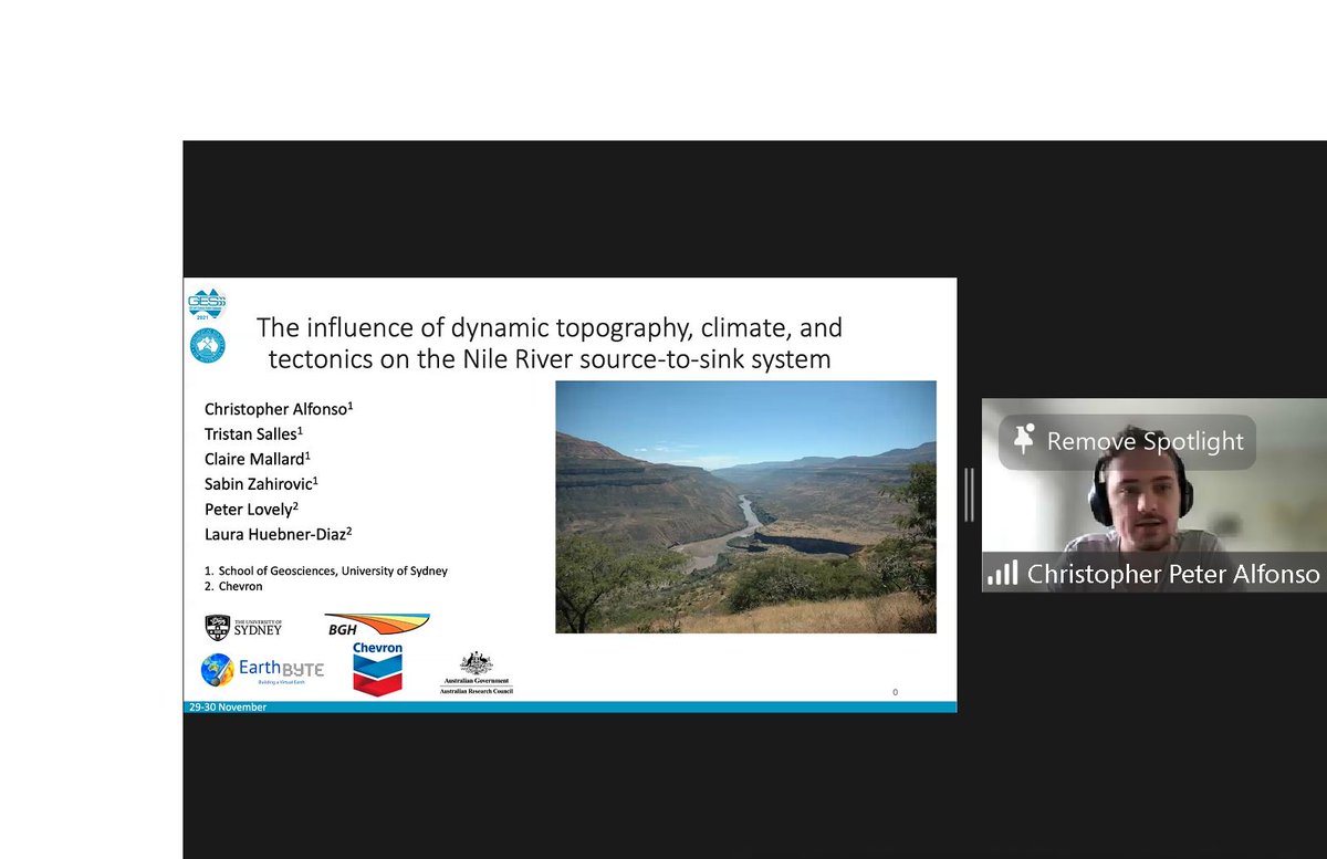 GeoSocAustralia's tweet photo. Christopher Alfonso @Sydney_Uni helping us understand the influence of dynamic topography, climate, and tectonics on the Nile River source-to-sink system. Thanks for presenting at #VirtualGESSS Christopher! https://t.co/wNk4qWT5N5