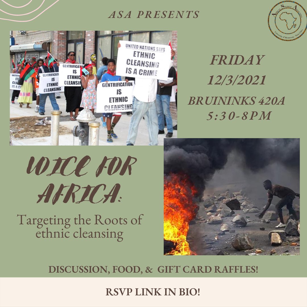 Hello hello everyone! Hope you all had a great fall break. We will be hosting our second VFA this Friday, December 3rd from 5:30-8pm in Bruininks 420A. The discussion is about ‘Targeting the Roots of Ethnic Cleansing’. RSVP link is in our IG bio 😊‼️