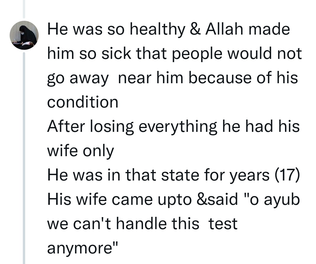 Tanyabhat5's tweet photo. Ayub (As) is the great example role model of patience 
Ayub (As)  was that prophet who lived in  extreme wealth and health
He had 7 boys ,7 girls  and 1  wife 
Then Allah (SWT) put him  through a test 
His 14 childrens were all taken up by Allah 
Allah took away all his wealth https://t.co/AaoEC6es3s