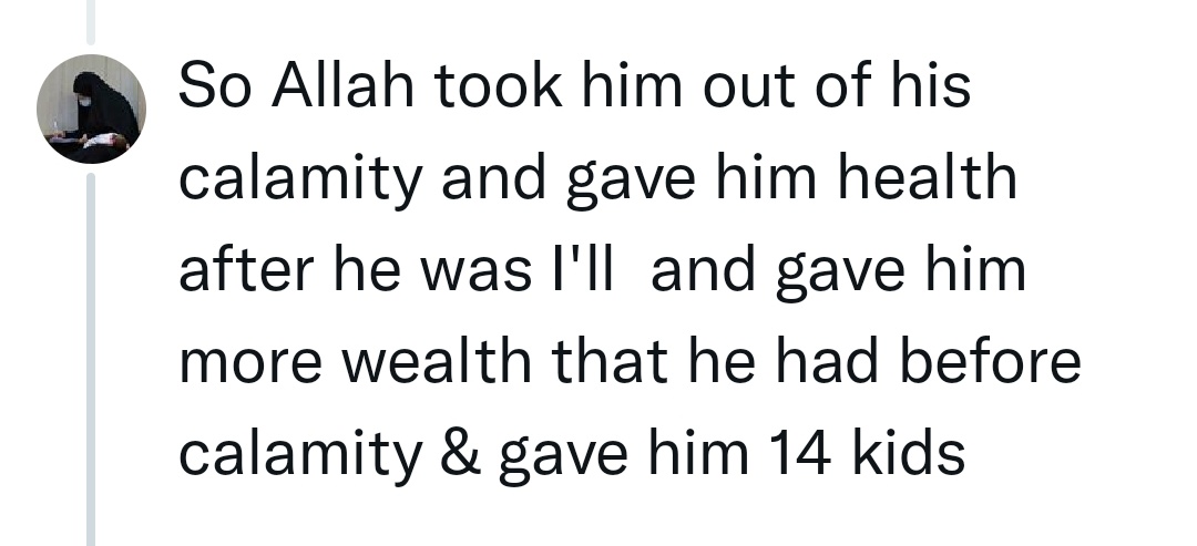 Tanyabhat5's tweet photo. Ayub (As) is the great example role model of patience 
Ayub (As)  was that prophet who lived in  extreme wealth and health
He had 7 boys ,7 girls  and 1  wife 
Then Allah (SWT) put him  through a test 
His 14 childrens were all taken up by Allah 
Allah took away all his wealth https://t.co/AaoEC6es3s