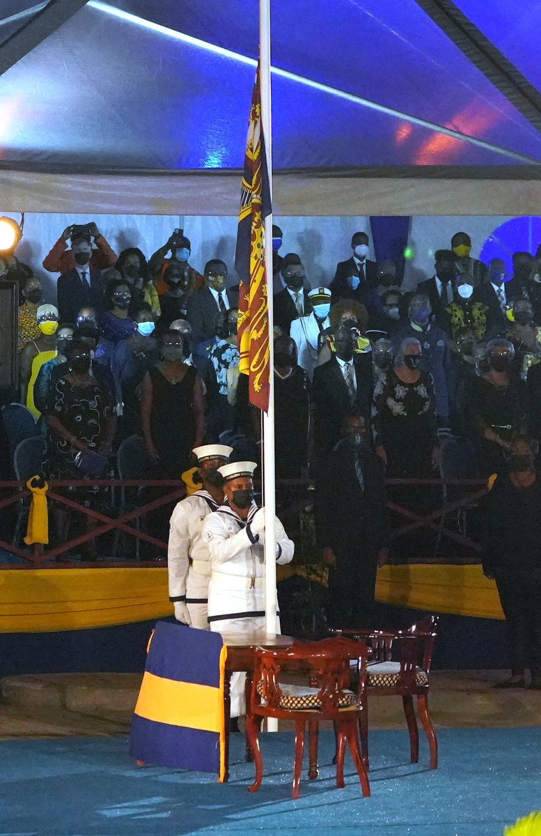 LizzieITV's tweet photo. The Prince of Wales watched as the royal standard was lowered in Barbados for the final time 🇧🇧 The Queen has been removed as Head of State and Dame Sandra Mason has become the country’s first President. 

(📷 @BradyBoxBrownie) https://t.co/yTd91qhXcU