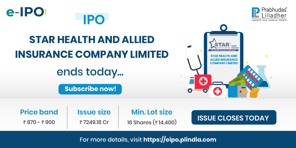 PLIndiaOnline's tweet photo. 🚨IPO ALERT! 
. 
Star Health and Allied Insurance Company Limited IPO end's today
 . . 
To apply through our eIPO platform, simply click on: https://t.co/2FX5r01bWs 
.
#PLTechnical  #PLResearch #IPOupdate #insurance #healthinsurance #starhealthandalliedinsurance #retailhealth https://t.co/MpmYNhRSDJ