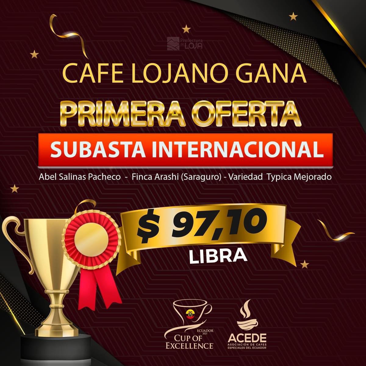 prefecturaloja's tweet photo. ¡#LOJA PRIMER LUGAR EN SUBASTA INTERNACIONAL!
@ACEDE_EC organizador de [Cup of Excellence Ecuador 2021] realizó la Subasta Internacional, participaron 29 productores ecuatorianos, de los cuales 16 son lojanos.    
☕ Productor: Abel Salinas
📌 #Saraguro - LOJA
💲 97.10 la libra. https://t.co/tLspFxR3Sl