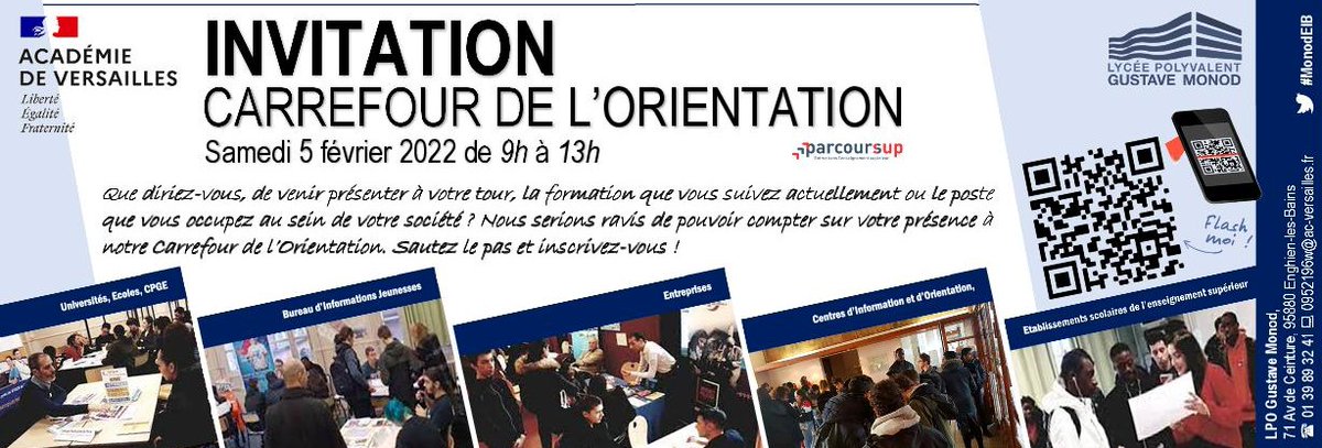 Douglas_Souchu's tweet photo. Vous,oui vous ! Que diriez-vous de venir présenter la formation que vous suivez actuellement,votre école,ou le poste que vous occupez au sein de votre société ? Sautez le pas &amp; inscrivez-vous pr participer à notre Carrefour de l'#Orientation #PostBac 🗓️ 5 février 2022   #MonodElB https://t.co/eTRDsa7DZK
