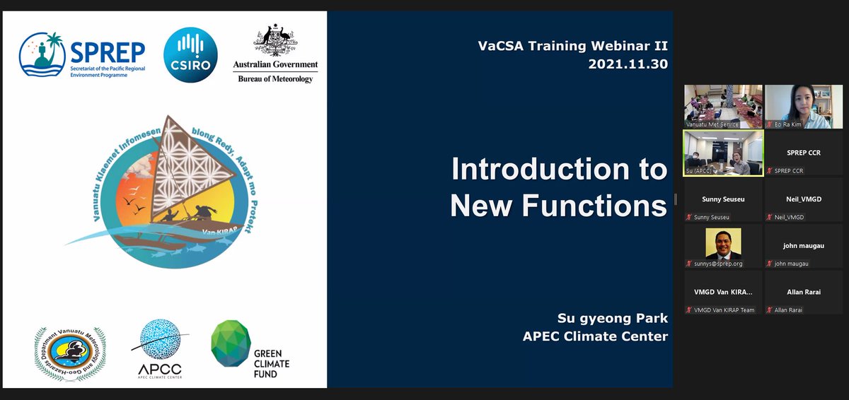 apcc21's tweet photo. Today, APCC held a #TrainingWebinar on the "Vanuatu Climate Services for Agriculture" system under the GCF-funded #VanKIRAP project.
Climate and agriculture officers were introduced to the new functions of the #VaCSA system and provided valuable feedback on system development. https://t.co/BMAcgXd5oh