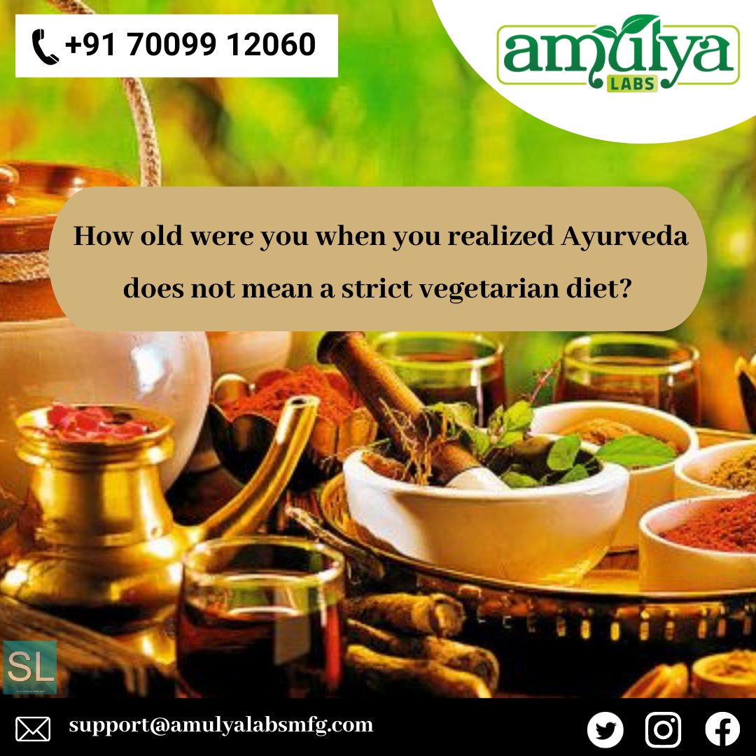 AmulyaLabs's tweet photo. Ayurveda does encourage a vegetarian diet but it is not a compulsion. 
Consumption of meat is not prohibited in Ayurveda &amp; is based on an individual's choice.
AmulyaLabs has been accredited A grade with following the Safety, Production &amp; Quality standards. 
#ayurvedicmedicine https://t.co/tZ3q9EfIL0