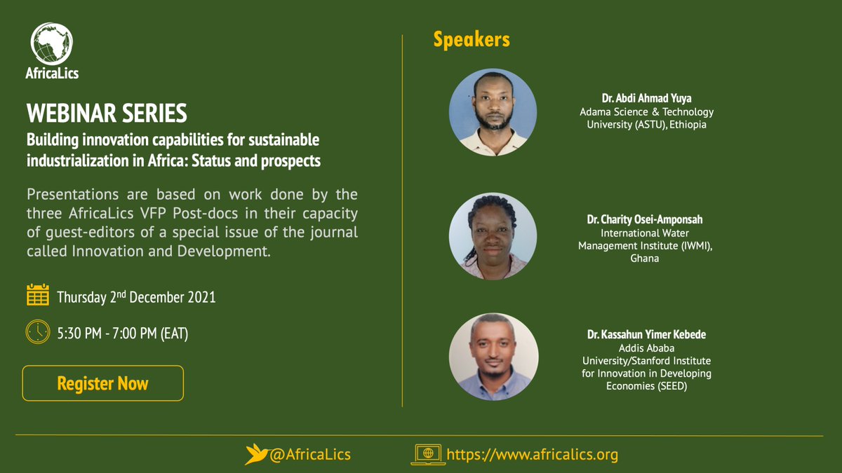 We are pleased to invite you to a webinar series on building innovation capabilities for sustainable industrialization in Africa: Status &amp; prospects
Date: 2nd Dec 2021 
Time: 5:30PM - 7:00PM EAT. Register here: us06web.zoom.us/meeting/regist…
Learn more: africalics.org/event/building… <a href="/ACTSNET/">ACTS</a>