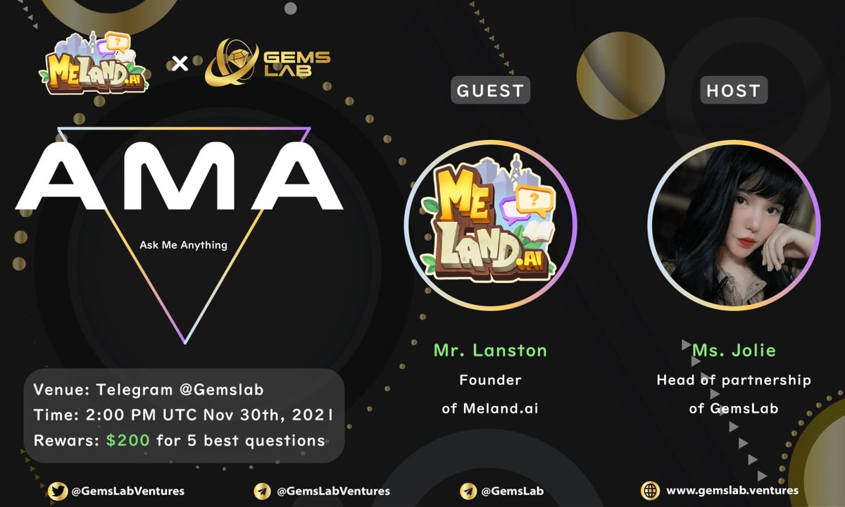 gemslabventures's tweet photo. 🎉We’re presenting to you our next AMA with @meland_ai
 
🏢Venue: https://t.co/UROrZV8lJK
🧑‍💼Guest: Mr. Lanstone - Founder https://t.co/AdjIuFQihh
⏰Time: 2:00 PM UTC, Nov 30th 2021
🎁Rewards: $200 for 5 best questions
🔰Rules: https://t.co/1H6xru0LYM

#GemsLab #Meland #AMA https://t.co/DAUGQvTbdJ
