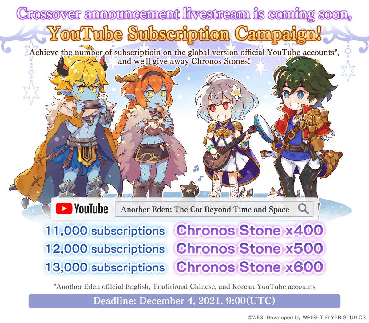 AnotherEdenRPG's tweet photo. Crossover Announcement Livestream is coming soon, YouTube Subscription Campaign Available🎉

Achieve the number of subscriptions on the global version official YouTube accounts for 600 Chronos Stones!
Subscribe and turn on the notification now🔔 https://t.co/rqZuGzt71r