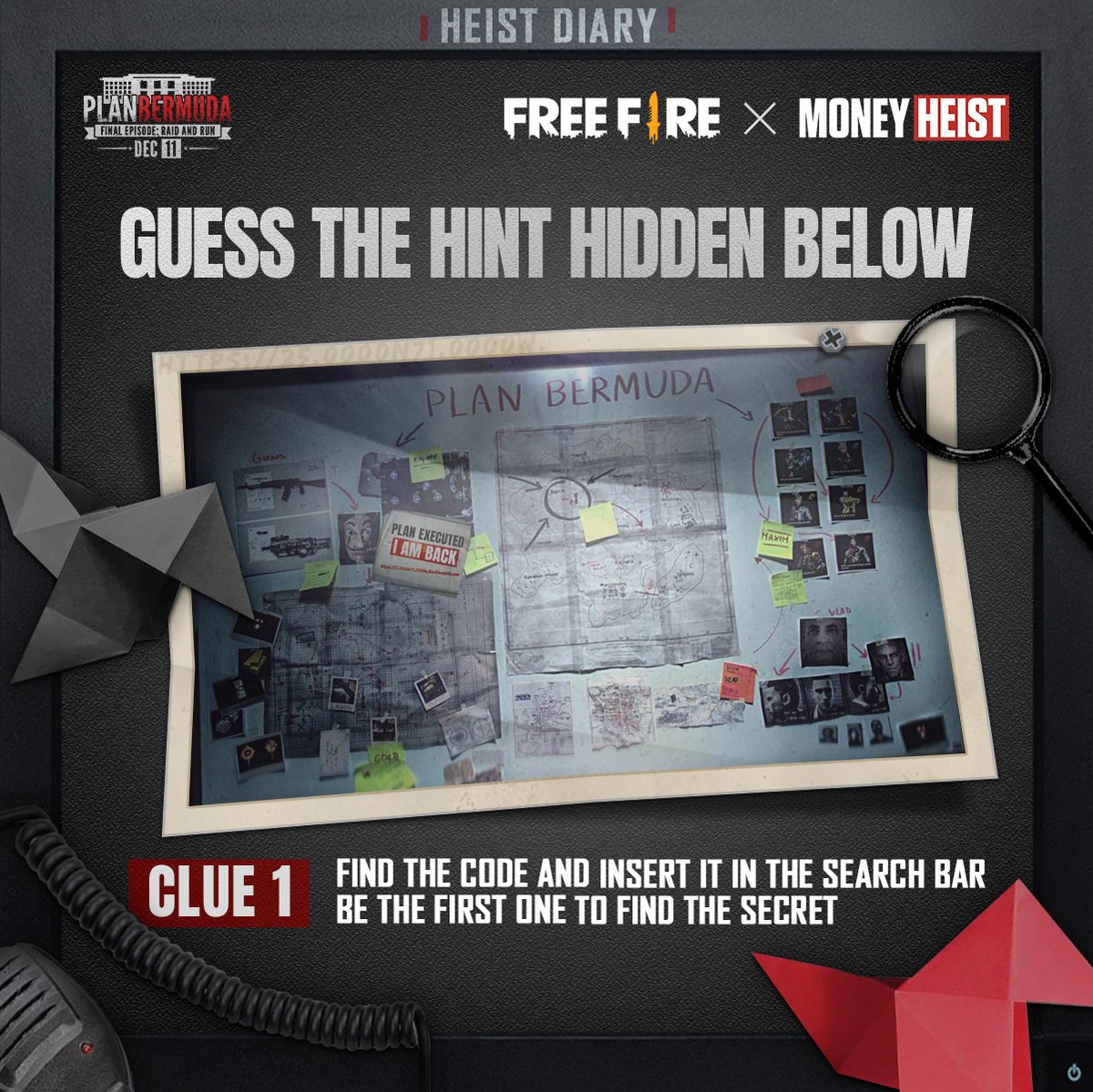 freefireeu's tweet photo. [FF x LCDP5 🏦] 1st Clue:

Professor has left some hints in this picture.
Could you guess his message? 🤔

#FFxLCDP5 #HeistStyle https://t.co/xhj22ojgs5