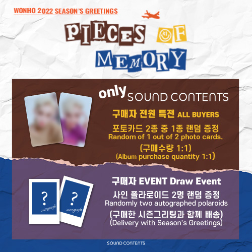 SoundContents's tweet image. #원호 #WONHO
2022 SEASON'S GREETINGS OPEN

🗓️판매기간
11/30(화) 14:00(KST) -

📦배송일정
12/27(월) 이후 순차 발송 예정

🎁사운드컨텐츠 단독 
미공개 포토카드 2종 중 1종 랜덤 증정 

🇰🇷 soundcontents.com
🌐 global.soundcontents.com

@official__wonho

#2022시즌그리팅