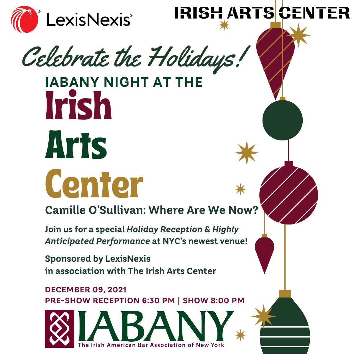 If you've been waiting to see new <a href="/IrishArtsCenter/">Irish Arts Center</a> this event is for you! Join <a href="/_IABANY/">IrishAmerican Bar NY</a> for Exclusive Pre-Show Reception (sponsored by <a href="/LexisNexis/">LexisNexis Legal & Professional</a> &amp; special performance by the legendary <a href="/camilleos/">Camille O'Sullivan</a> with an ensemble of world class musicians!! Register: iabany.org/holiday-party-…