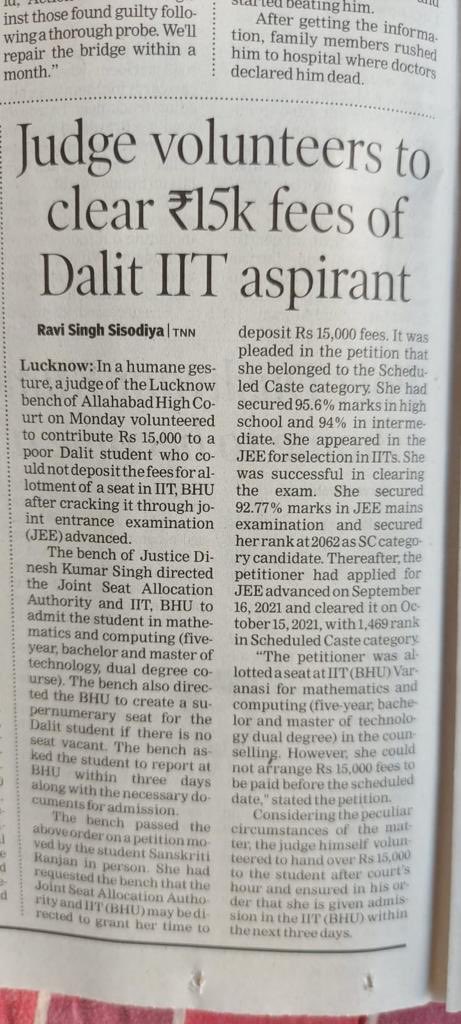 VTankha's tweet photo. Kudos to Justice Dinesh kumar Singh of Lucknow bench of Allahabad HC. A brilliant Dalit student admission fee to IIT volunteered to be paid by the judge in court. Humane face of court !! One such incident happened in Indore bench some years back. ⁦@barandbench⁩ ⁦ https://t.co/RY2JYPY8E5