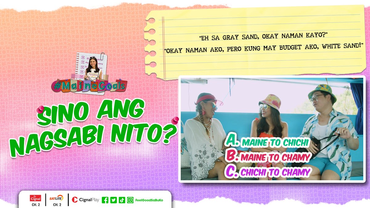 FeelGoodSaBuko's tweet photo. Nagkatanungan kagabi ang besties ng bet nilang sand 'pag nagpaplanong mag-beach! 🏖️ Da who ang may usapang ganito? 😎⤵️

📺 #MaineGoals | Weeknights, 8PM
📇 BuKo, CH. 2 @CignalTV at SatLite TV
📱💻 @CignalPlay Premium for only ₱75/month 

#FeelGoodSaBuKo https://t.co/FKLVvMBLf0