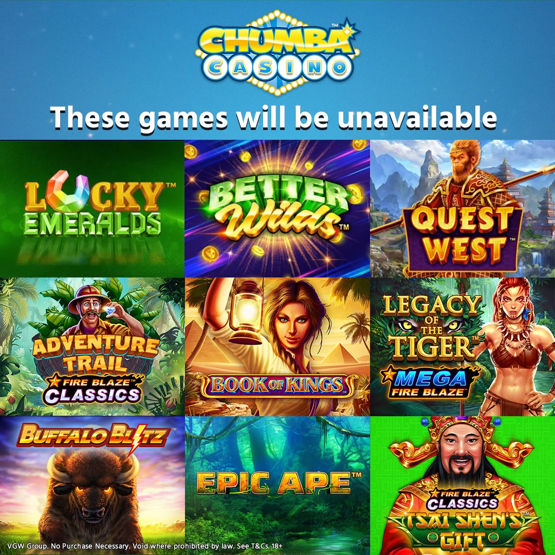 Due udluftning strejke Chumba Casino on Twitter: "🚨PSA Chumba Casino Players🚨 The following games  will be unavailable to play from tonight 10.00pm PT for 30 minutes. We're  working hard to get these back up and