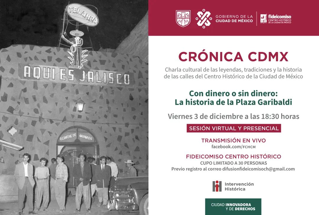 Aparten su lugar para acompañarnos en nuestro próximo recorrido por la plaza #Garibaldi. El cupo está limitado a 30 personas, aseguren su lugar con un correo a: difusionfideicomisoch@gmail.com. 
También se podrá disfrutar de manera virtual en nuestra página de Facebook.