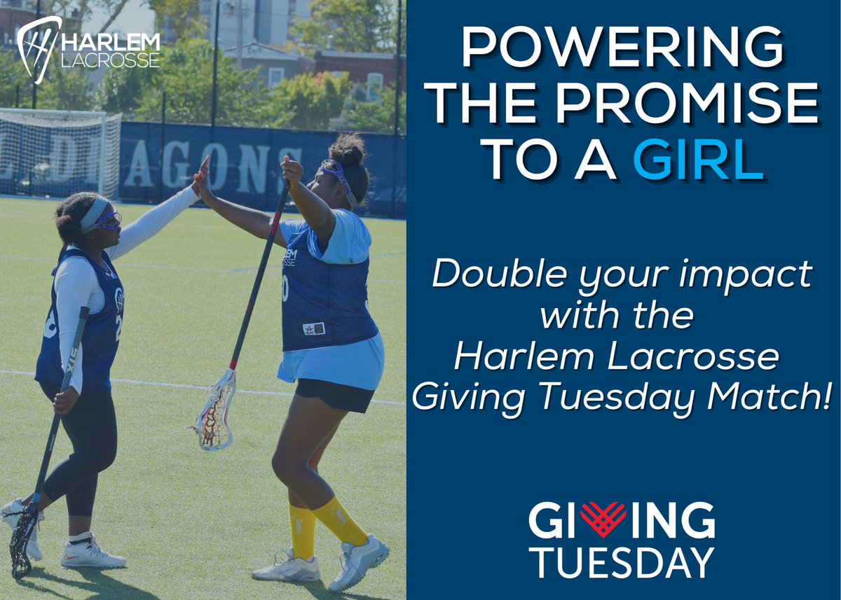 HarlemLacrosse's tweet photo. Double your impact with the Harlem Lacrosse #GivingTuesday Match!

Thanks to a generous donor, your gift will now be matched and go twice as far! Don’t delay - this special #GivingTuesdaymatch ends at midnight Pacific Time on December 1!

https://t.co/XTLBpb7vNG

#EmpowerGirls https://t.co/OTUpaFmi6d