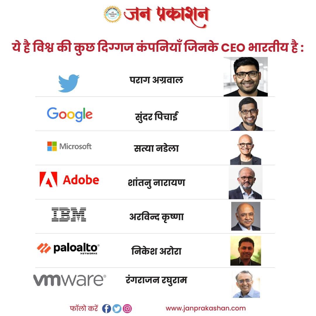 JanPrakashan's tweet photo. ये है विश्व की कुछ दिग्गज कंपनियाँ जिनके सीईओ भी भारतीय है :
#globalleaders #giantcompanies #IndiansMakingProud #business #ITcompanies #mpnews #indore #bhopal #janprakashan https://t.co/i23a6Nb9Bm