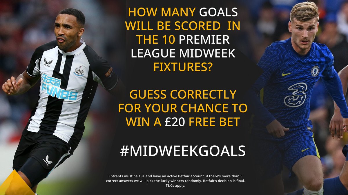 Betfair's tweet photo. ๐ It's a rollover! Following only 9 games taking place at the weekend, the #MidweekGoals prize pot doubles.
๐ FIVE ยฃ20 free bets to give away!
Just tell us how many goals we'll see in the 10 fixtures between Tuesday and Thursday.
โฝ Just RT and reply with your guess. Eg 32 https://t.co/QikjfENa1P