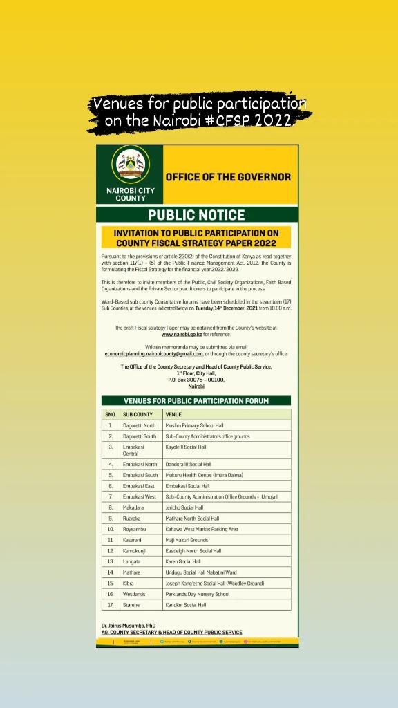 BudgeTalkGlobal's tweet photo. #NairobiCFSP2022 is out for public input.
It's the County equivalent of the #BudgetPolicyStatement (#BPS), that outlines County's broad strategic priorities & policy goals.
Download it here 👇
https://t.co/ePLi3GlQYL
#KeBudgetTalk
#FollowTheMoneyK
#CountyFiscalStrategyPaper https://t.co/wMpu1ho49P