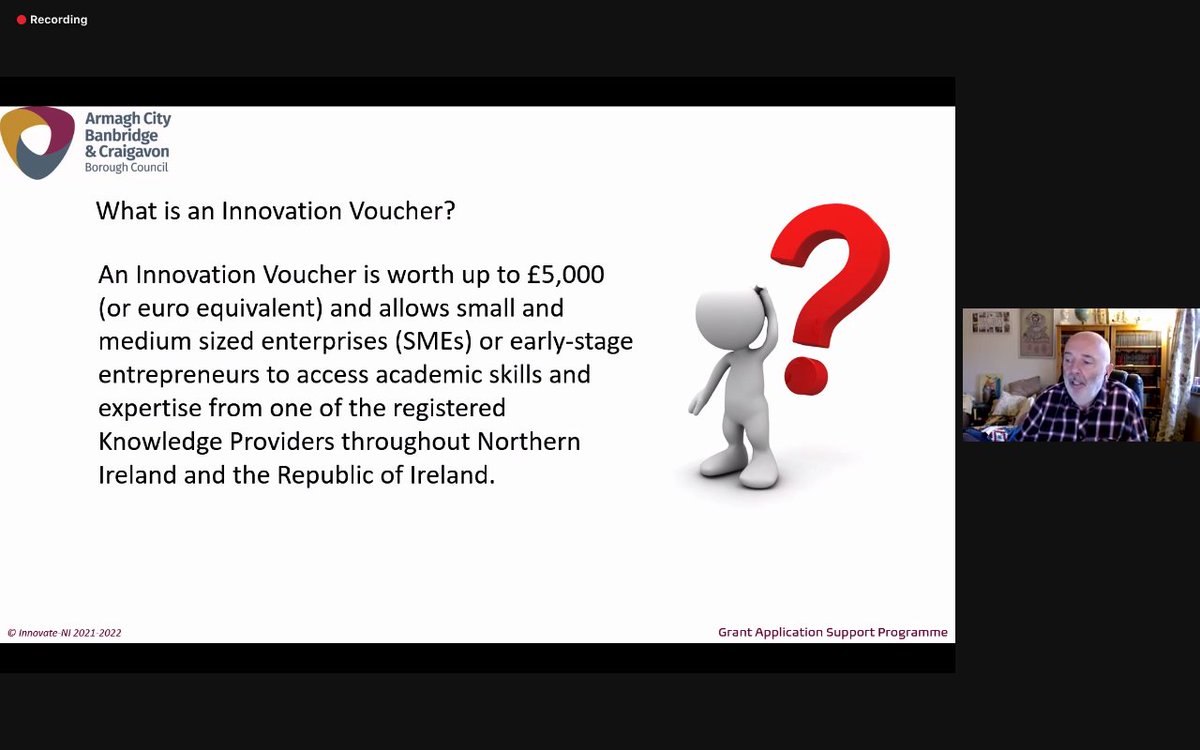 InnovatorNI's tweet photo. What do you know about an Innovation voucher for your business?
@barneytoal is taking us through the details about how to win an Innovation voucher for SME or Social Enterprise business in the Available Grants for Business & How to Win Them webinar this morning!
#FundingSources https://t.co/MTXUCBf8fx