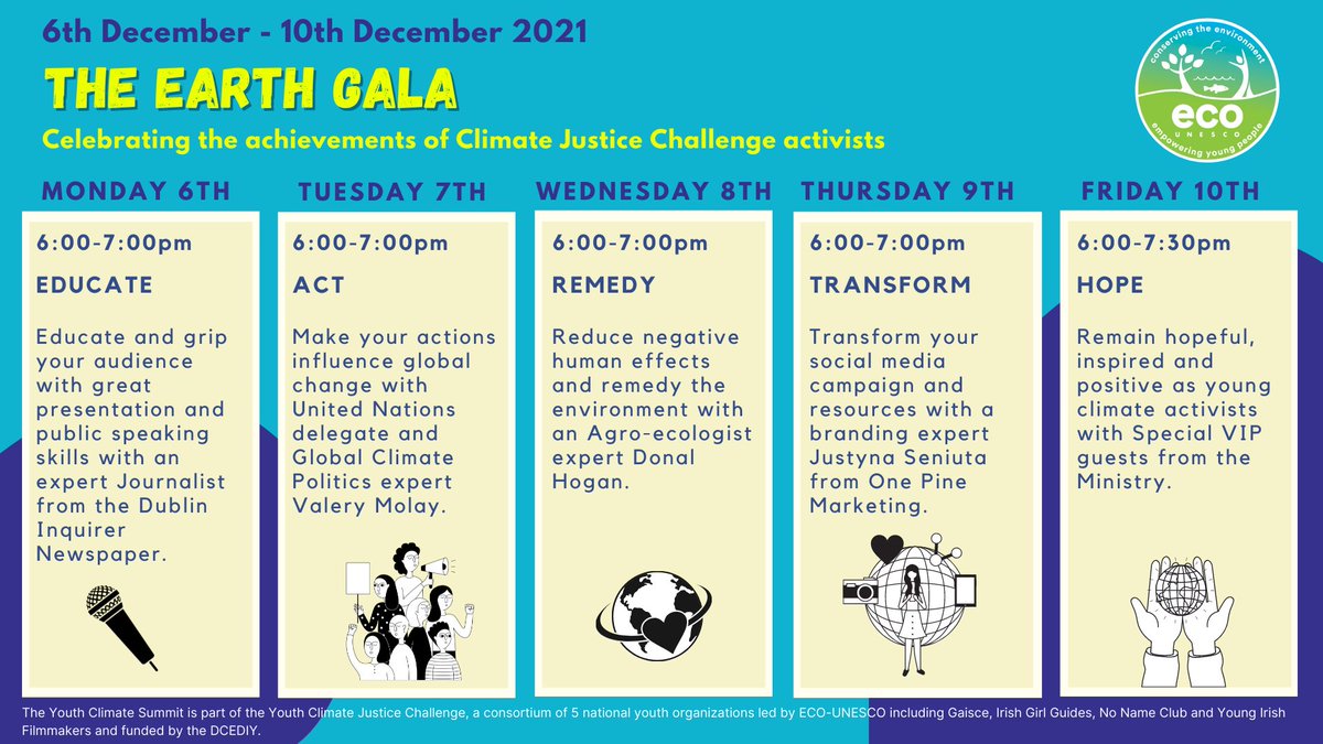 The Earth Gala 🎩 Free environmental events🌎
6th - 10th December <a href="/6pm/">Follow us @Shop6pm!</a>
Register free - bit.ly/3nUiYKx
A 5-day series with Ireland's Experts, #Politicians, and #ClimateJustice participants and their wonderful projects
Check our daily events 👇
#climateaction #free #event