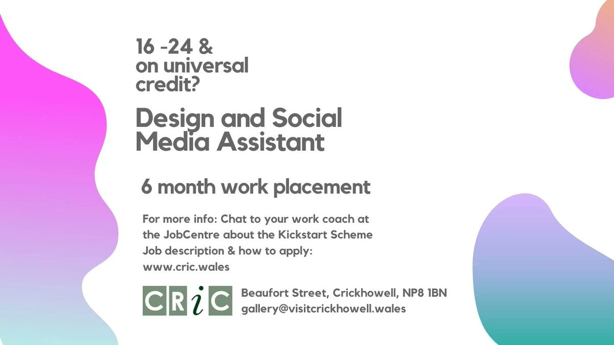 delighted that #CRiC has been approved for another  6 month #kickstart placement #greatopportunity  for a young person to gain  paid #workexperience Please #SpreadTheWord about this opportunity in #Crickhowell #creativeskills #design #socialmedia <a href="/cric_jan/">jan morgan</a> <a href="/BeaconsTourism/">BreconBeaconsTourism</a>
