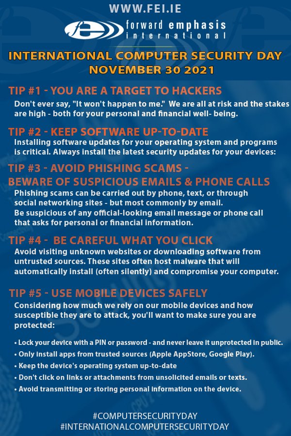 Today is International Computer Security Day so here's some Security Tips from our IT Department.Smiling face with sunglasses 
#internationalcomputersecurityday #Security