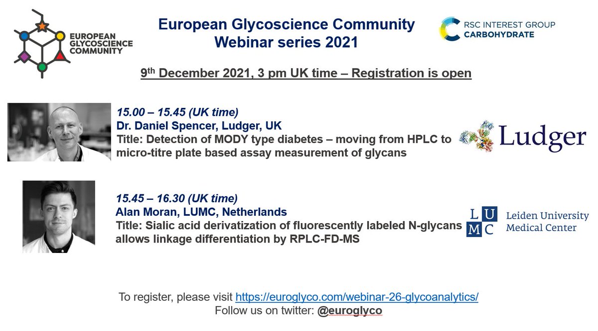 We will be joined by 2 great speakers on Thursday 9th December for an exciting glycoanalytics session! You can register at: euroglyco.com/webinar-26-gly… 

<a href="/Glyco_Alps/">Glyco@Alps</a> <a href="/glycoworld/">Alexei Demchenko, PhD, ACSF</a> <a href="/glyconetBB/">glyconet Berlin Brandenburg e.V.</a> <a href="/glycoest/">GlycoEst</a> <a href="/GlycoNmr_Bilbao/">GlycoNMR@Bilbao</a> <a href="/InnoglyA/">INNOGLY COST Action</a>