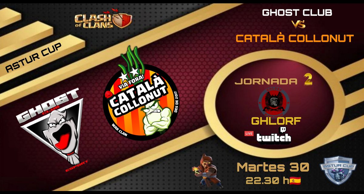 Arrancamos con la segunda jornada
<a href="/GhostClubof/">Ghost Club 👻</a> vs <a href="/Catala_Collonut/">Català Collonut War Clan⭐⭐⭐</a>  seguirán demostrando nivel.
En directo en el canal de twitch de ghlorf <a href="/Ghlorf/">Ghlorf Black Dwarf</a>
#ascup