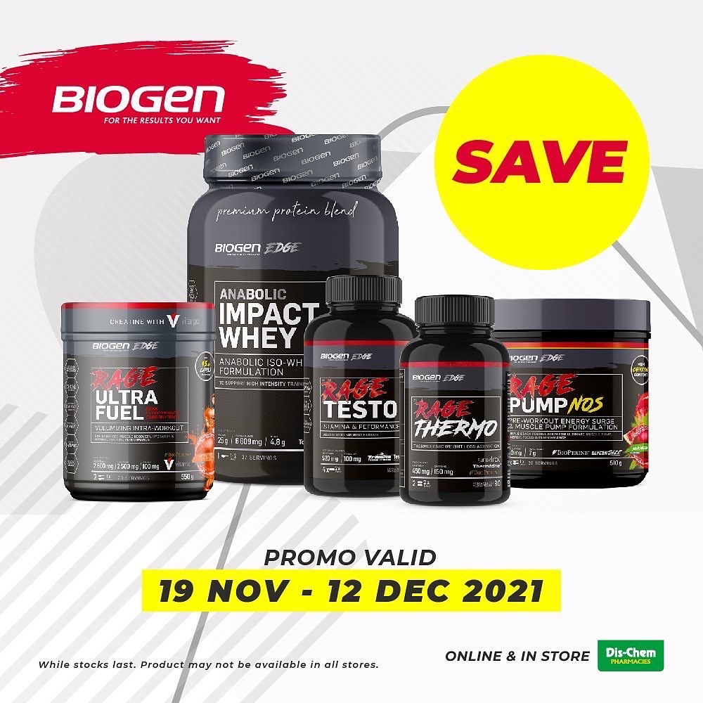 BiogenSA's tweet photo. Coming in HOT 🔥 Get ready to #BeYourBest with our premium performance range - #BiogenRAGE - ON SALE 🚨
Don’t miss out! Deals valid in-store and online until 12 December
🛒 @Dischem @Dischem_LiveFit
#biogen #beyourbest #biogendeals https://t.co/65LqlfC0BF
