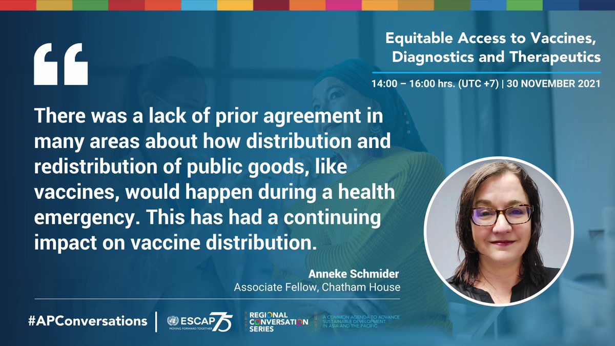 UNESCAP's tweet photo. And we concluded the panel discussion with Anneke Schmider, Associate Fellow of @ChathamHouse, on the key reasons for the significant inequities in vaccine supply & distribution across #AsiaPacific. #APConversations #ESCAP75 https://t.co/cOee8MQoYT