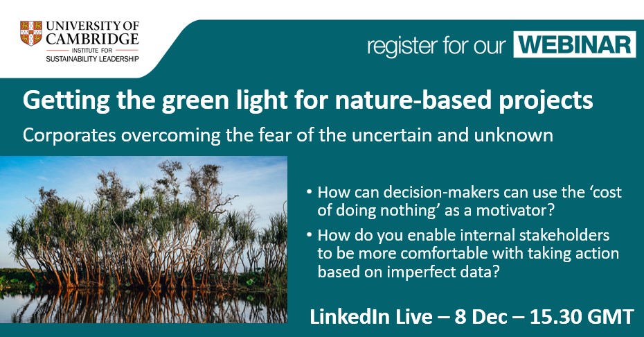 Wondering if your company could get value from #NatureBasedSolutions but face internal buy-in challenges due to the nature of these projects? <a href="/cisl_cambridge/">Cambridge Institute for Sustainability Leadership</a> event on 8 Dec will explore this &amp; more💡
➡️Register at bit.ly/2ZsN9iI 
#GetNBSReady #NaturePositive <a href="/WMBTweets/">We Mean Business Coalition (inactive)</a>