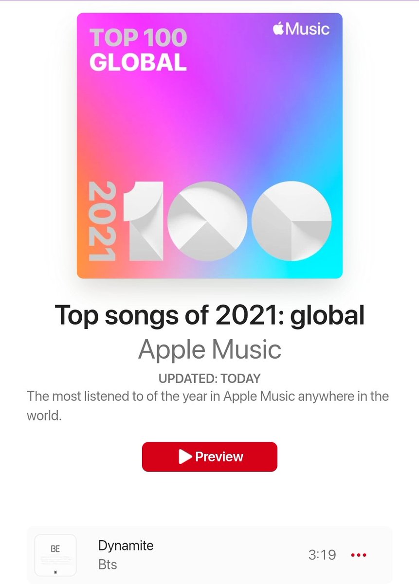 btschartsxdaily's tweet photo. 📊| @BTS_twt's "Dynamite" was the MOST LISTENED SONG on Global Apple Music in 2021 !!🌍 https://t.co/agHADPxlmC