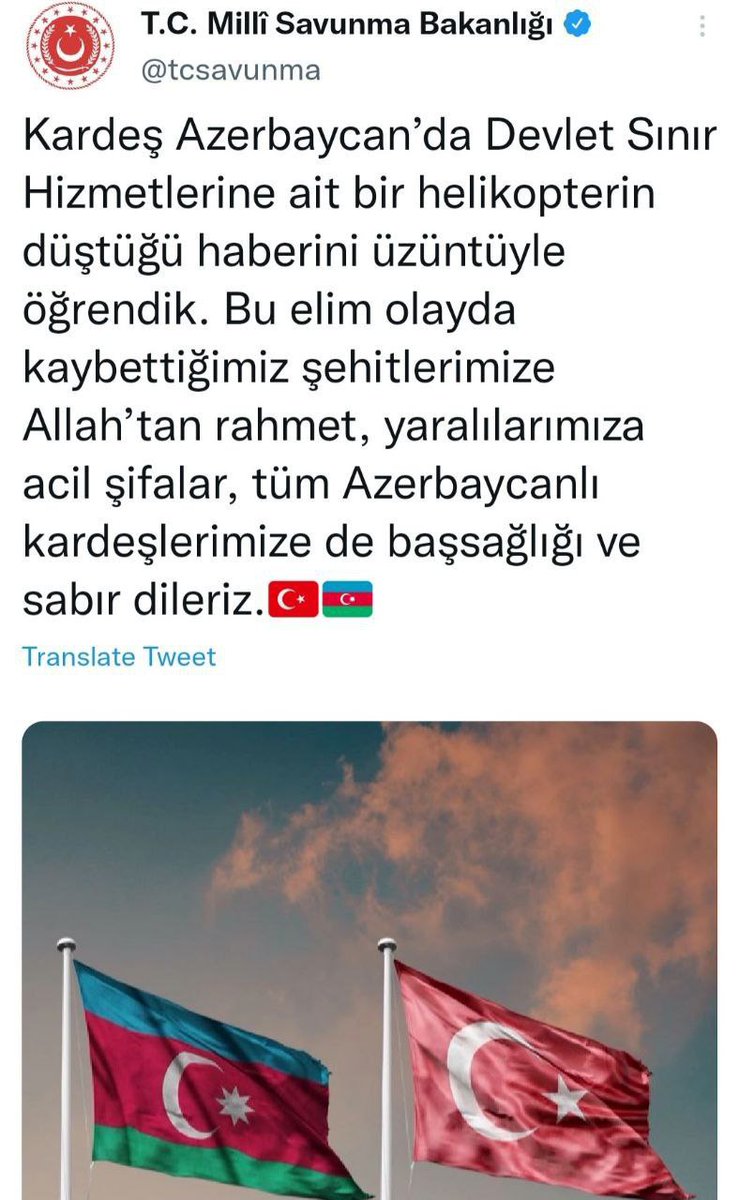 Toplumtv1's tweet photo. Türkiyə Müdafiə Nazirliyi helikopter qəzası ilə bağlı Azərbaycana başsağlığı verdi. #Azerbaijan #Baku #Helikopter #Esger https://t.co/SbLMRglvS2