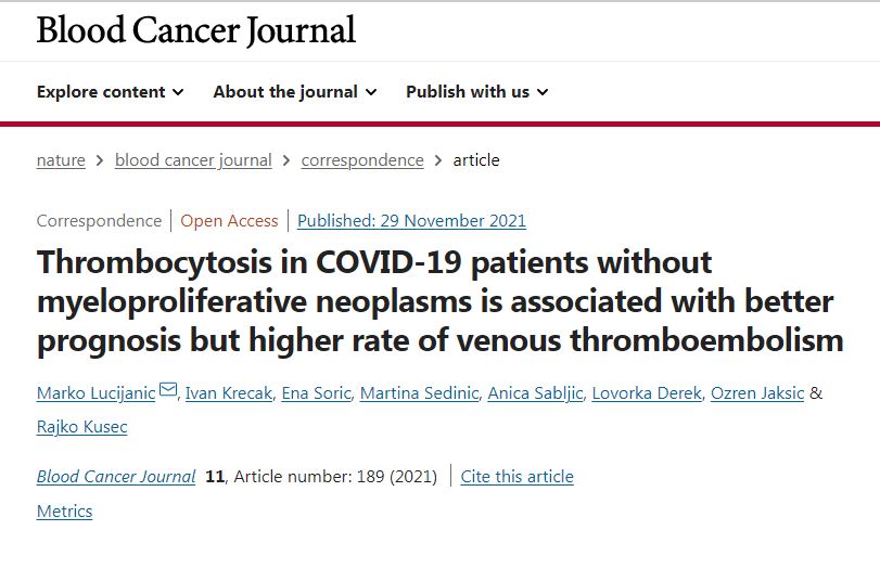 MarkoSkelin's tweet photo. Just published paper on reactive #thrombocytosis in #COVID-19 patients shows that higher #platelets bear more favorable prognosis but higher incidence of venous thrombosis, providing a potential mechanism behind observations reported in #MPN patients
https://t.co/QS0vd6vjIZ https://t.co/BLlEZncSX8