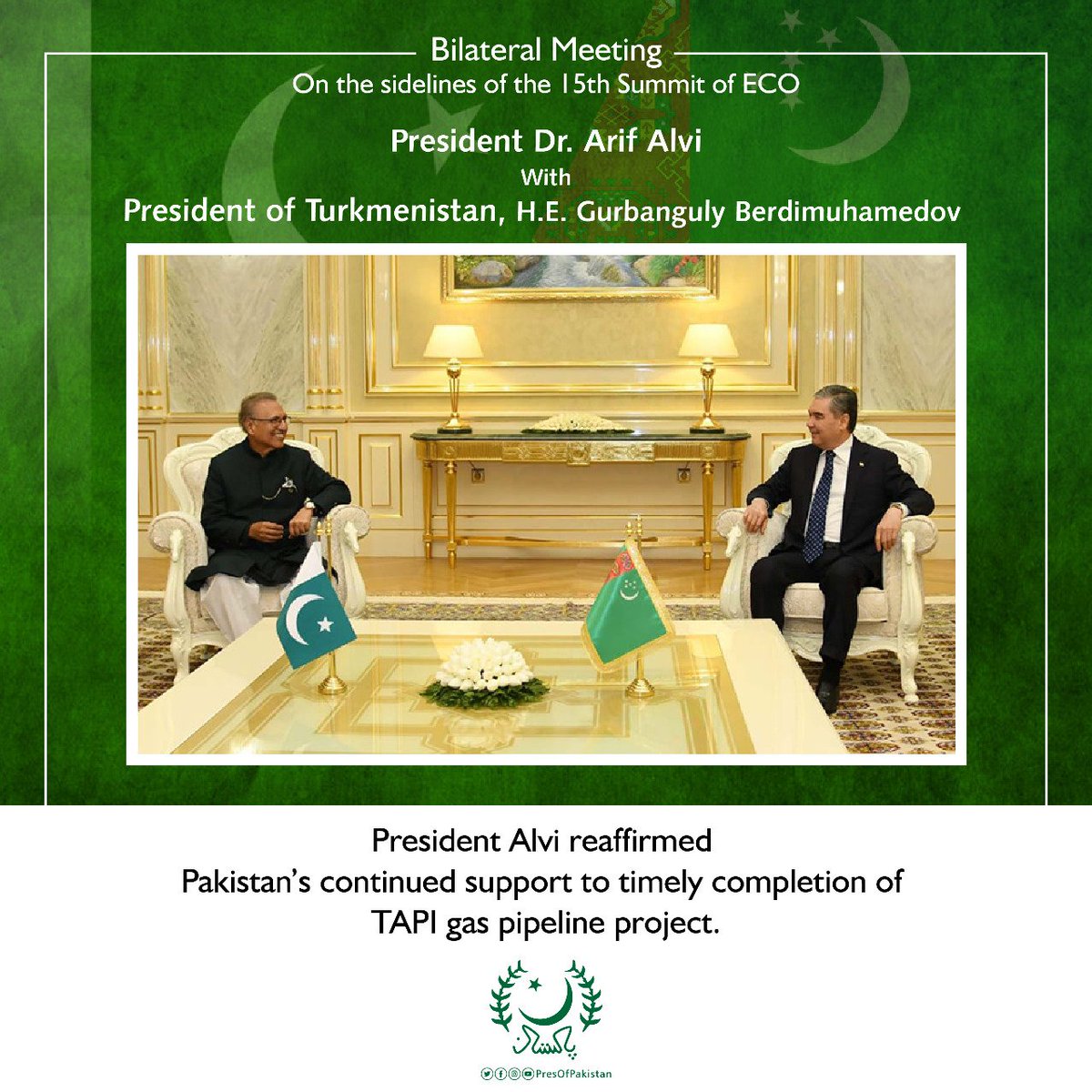 PresOfPakistan's tweet photo. President Dr. Arif Alvi met with the President of Turkmenistan, H.E. Gurbanguly Berdimuhamedov in a bilateral meeting, held on the sidelines of the 15th Summit of ECO.
#ECOSummit #PakInECO #Turkmenistan https://t.co/oWfiKAkAMd
