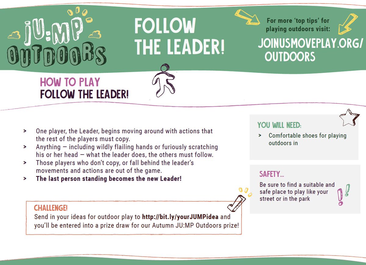 JoinUsMovePlay's tweet photo. NEW JU:MP challenge of the week! Can you play Follow the Leader? Remember Kids can submit their own outdoor play ideas at https://t.co/zX6RiD9U7V & have the chance to win a scooter through our prize draw! #BringBackOutdoorPlay because #OutdoorPlayMatters https://t.co/AKgV9wSURG