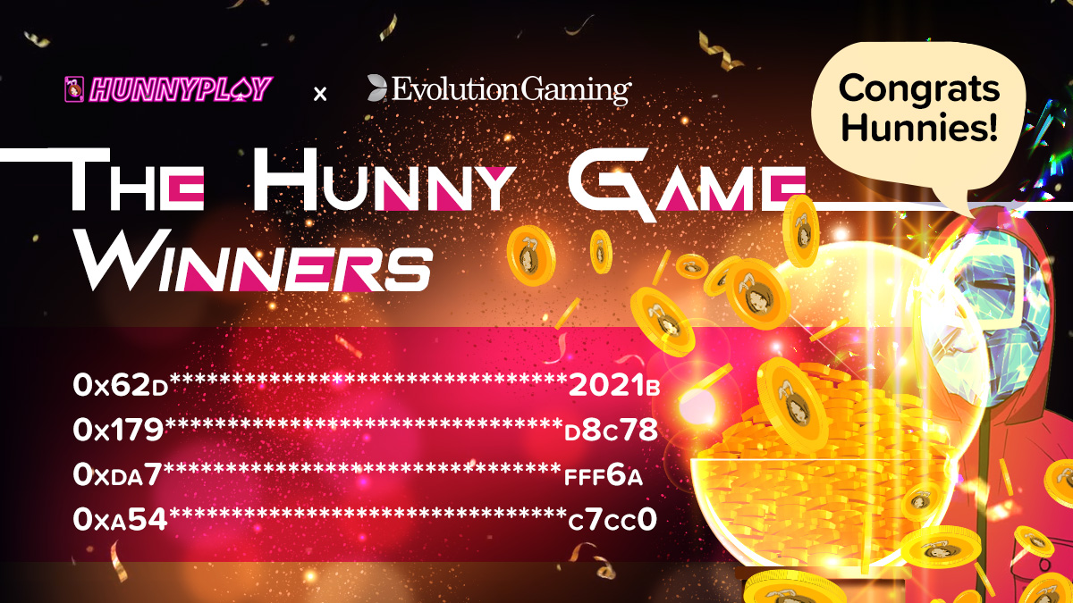 HunnyFinance's tweet photo. 😍 Thank you Hunnies for your participation in The #HunnyGame! Hope you had fun! 🥳Congrats to the 4 winners below! We'll send the Grand Prize Pool of 120,000 $HUNNY to the winners' HunnyPlay accounts!

#BSC #iGaming #PlayToEarn #squidgame #casino #slot #casino #カジノ #スロット https://t.co/WE8bFjvjXC