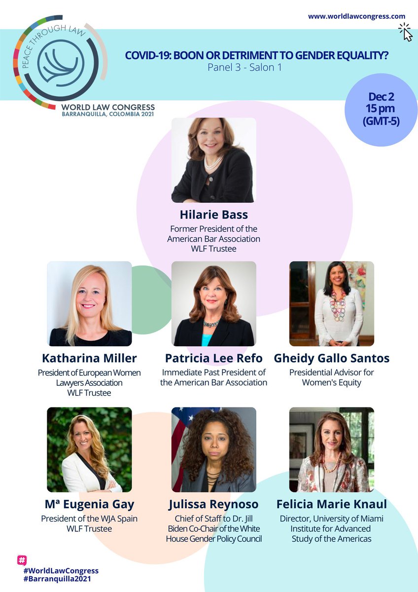 🌐 DON’T MISS IT! 'COVID-19: Boon or detriment to gender equality?' together with women representatives of institutions: @HilarieBass, @kathamiller @EWLA1, #TrishRefo, @GheidyGallo @equidad_mujer, #JulissaReynoso @WhiteHouseGPC y Felicia M. Knaul. 2|11🗓: barranquilla.worldlawcongress.com