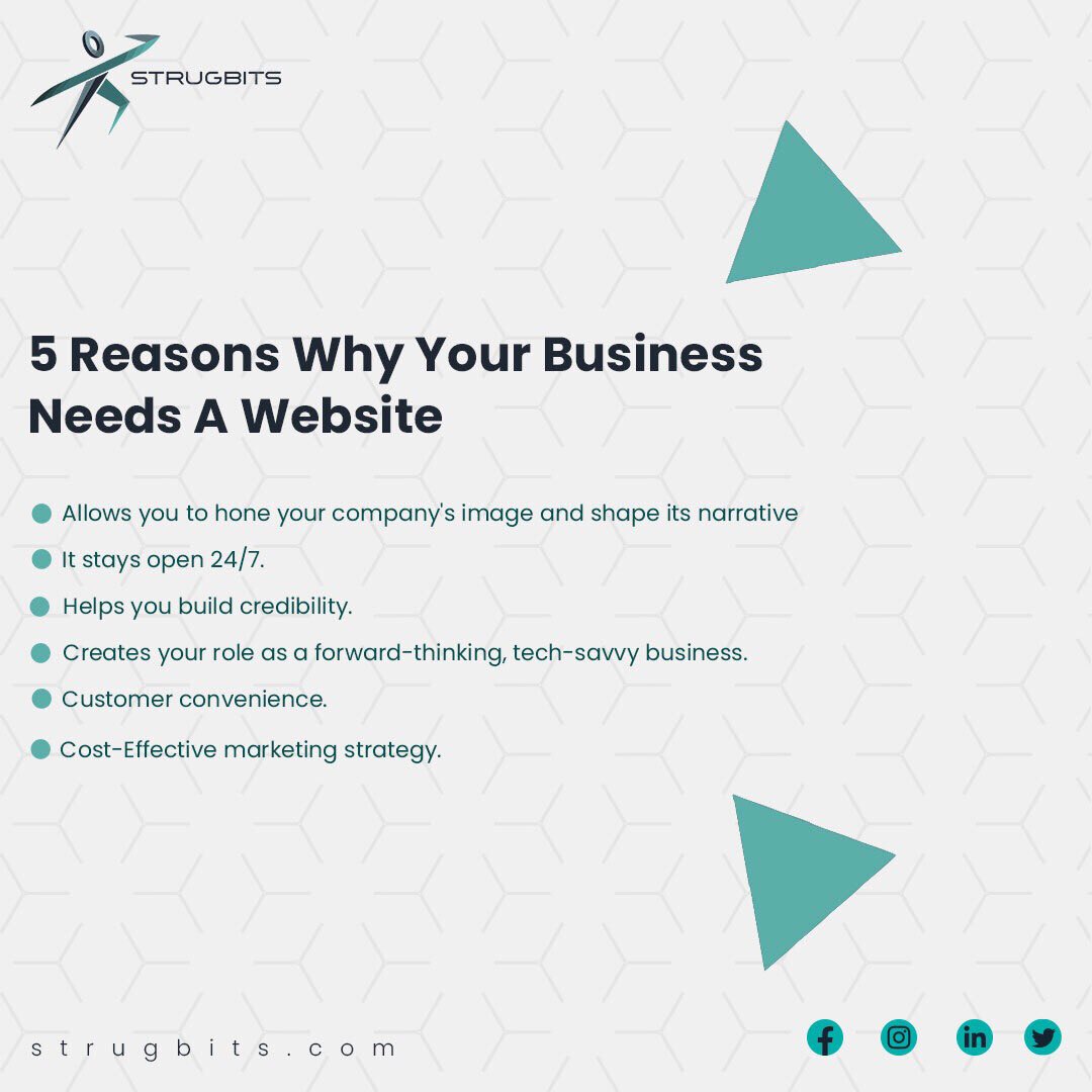 Strugbits_'s tweet photo. 5 Reasons Why Your Business Needs A Website.

#themoreyouknow #website #websitedevelopment #whyitmatters #itbusiness #knowledgesharing #whychooseus #websitedesign #Strugbits https://t.co/lCrnTlJlM3