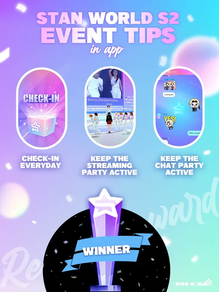 stanworld_twt's tweet photo. 📢[TIPs for STANNERS]
Here's our tip for getting points in STAN WORLD⭐️

- Check- In👋
- Streaming Party👀
- Chat Party👄

PARTY to WIN!🔥

#Stanworld #PartyTime #StantoWin @PartytoWin https://t.co/HL0OakmDhx