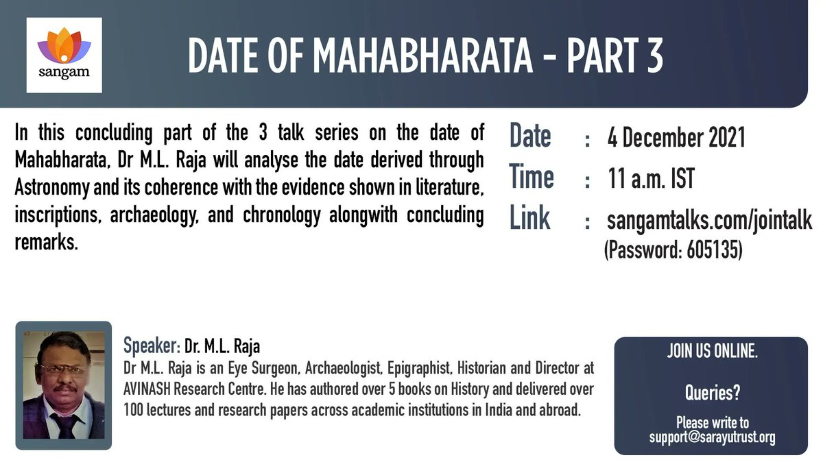 sangamtalks's tweet photo. Please mark your calendars for the concluding session of 'The Date of Mahabharata'. Speaker Dr. M.L.Raja is a prominent Archaeologist, Epigraphist, Author, Historian, and Director at AVINASH Research Centre.
#SangamTalks #DatingMahabharata https://t.co/MgktNBSiHw